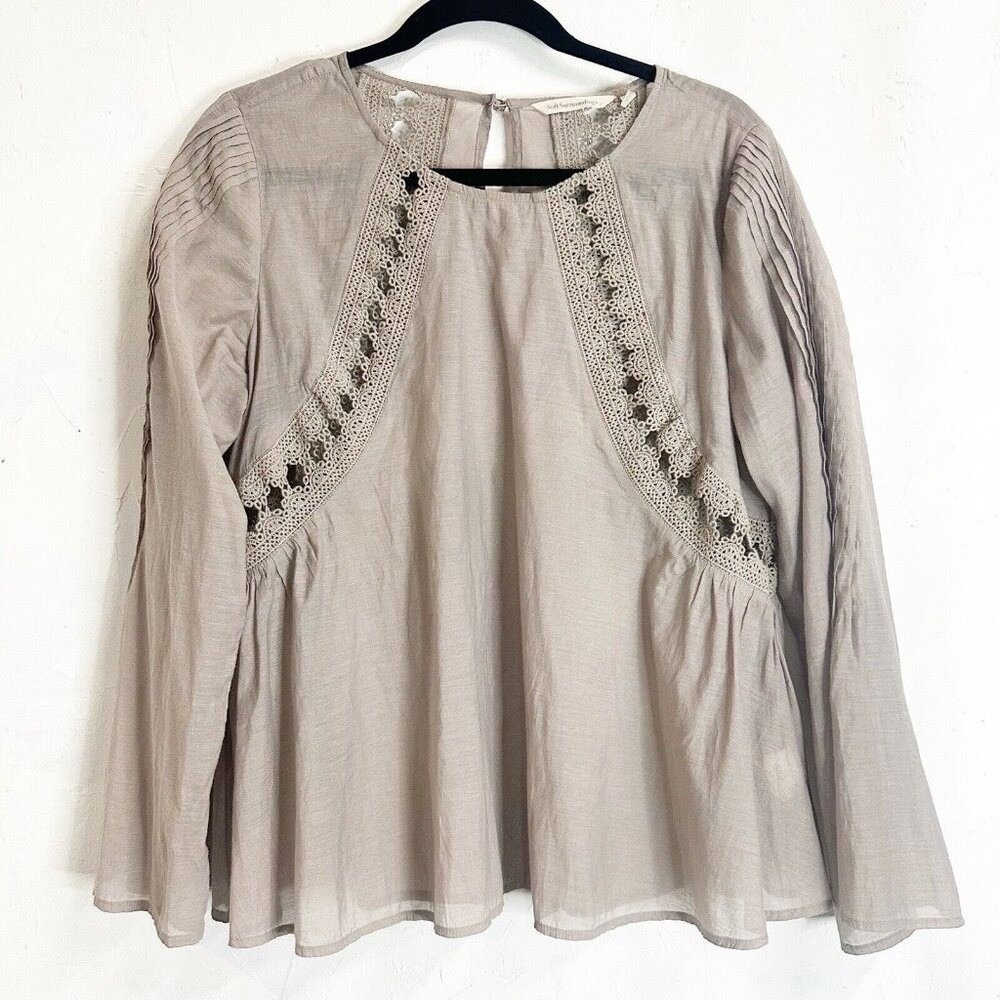 Soft Surroundings Gray Bell Sleeve Lace Blouse Boho Pleated Womens Medium